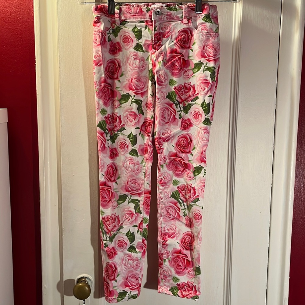 Pink Floral Rose Jeans Size 12 Stretchy Fit with Adjustable Waist band Buttons